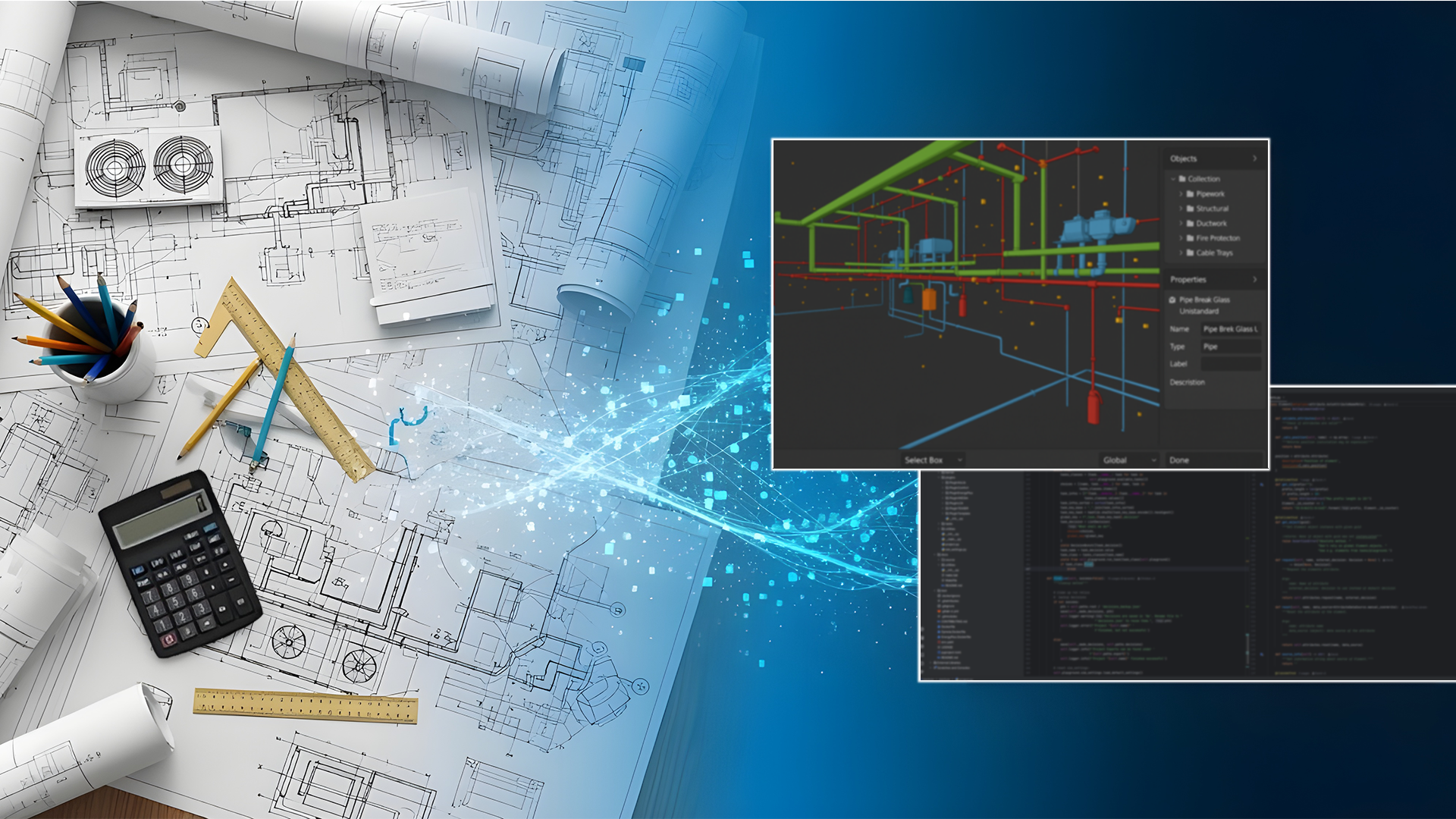 Background image for header showing the transition from manual process to automated process with BIM
